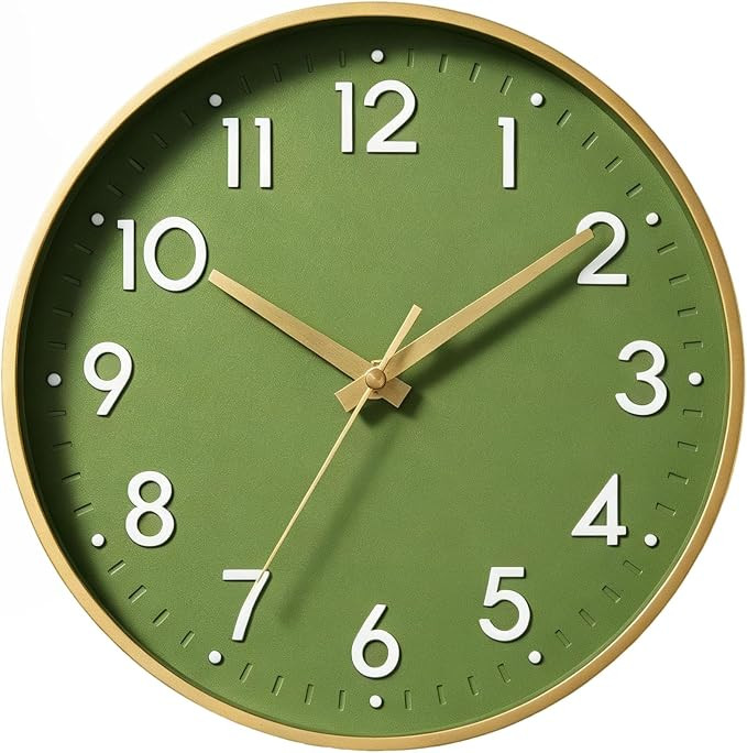Small 8 Inch Wall Clock Battery Operated Silent Non Ticking Analog | Olive green & gold modern cl... | Amazon (US)