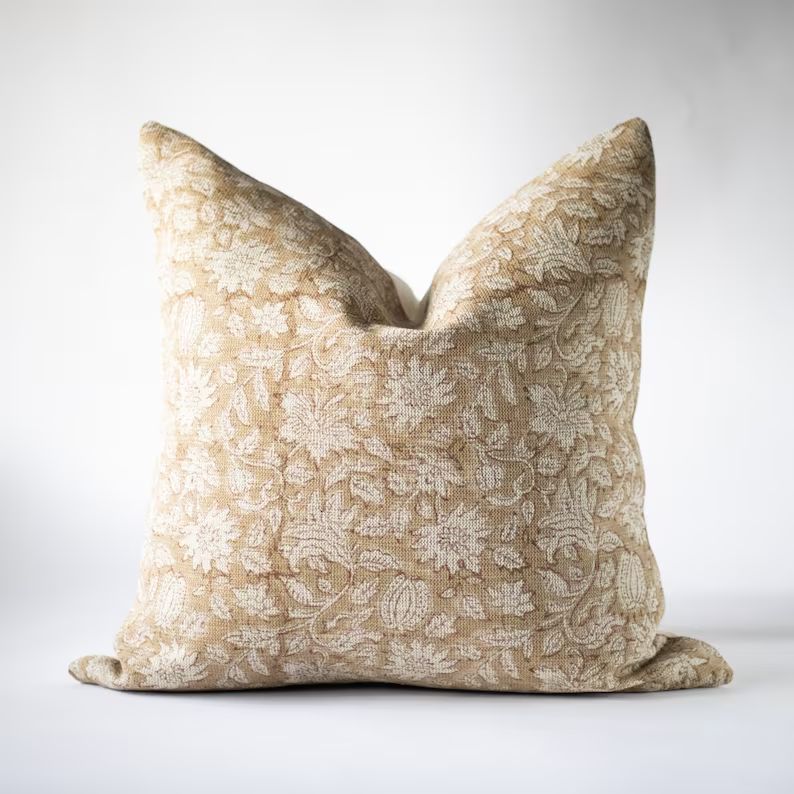 Tan Floral Linen Block Print Pillow Cover, Designer Throw Pillows, Neutral Hand Blocked Pillow Co... | Etsy (US)