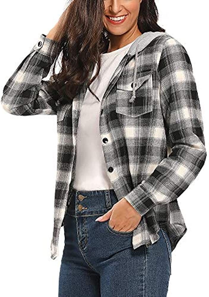 BomDeals Women's Classic Plaid Cotton Hoodie Button-up Flannel Shirts | Amazon (US)