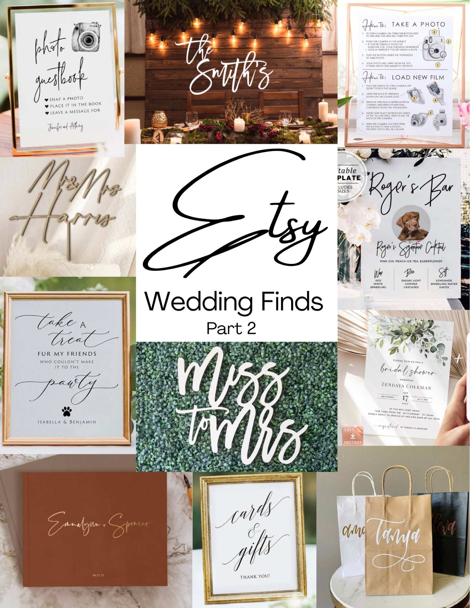 Part two of my Etsy wedding finds and this one includes all things signs and paper products!! I got my bridal shower invitations and “Miss to Mrs” sign for my bridal shower! For the wedding I got my customized book for our Polaroid guest book, cake topper, custom sign for our backdrop that says “The Tepes” that is also now hanging in our bedroom, our bar sign with our sweet Bennett’s picture on it, custom bags with our bridesmaid’s and groomsmen’s name on them to put their gifts in, and all the other signs for our guestbook, card & gift table, and take home treats for the puppy dogs! 

#LTKwedding #LTKunder100 #LTKunder50