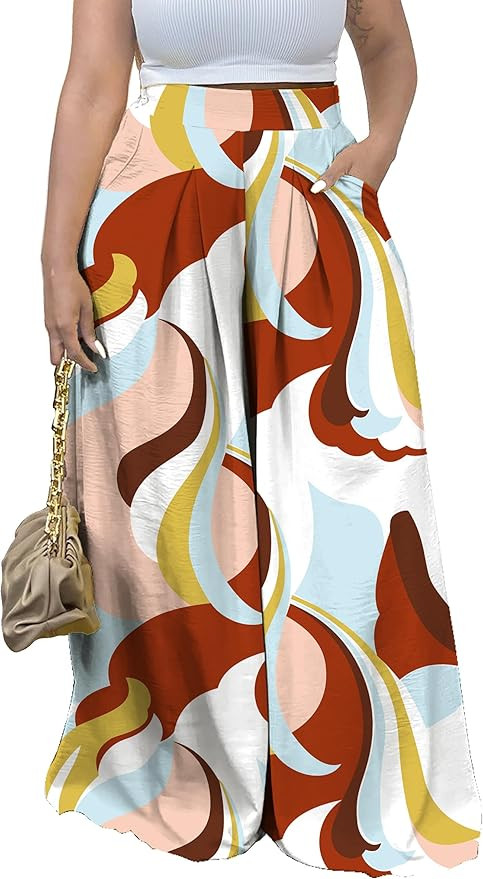 Flowy Pants for Women Casual High Waisted Wide Leg Palazzo Pants Trousers with Pocket Plus Size | Amazon (US)
