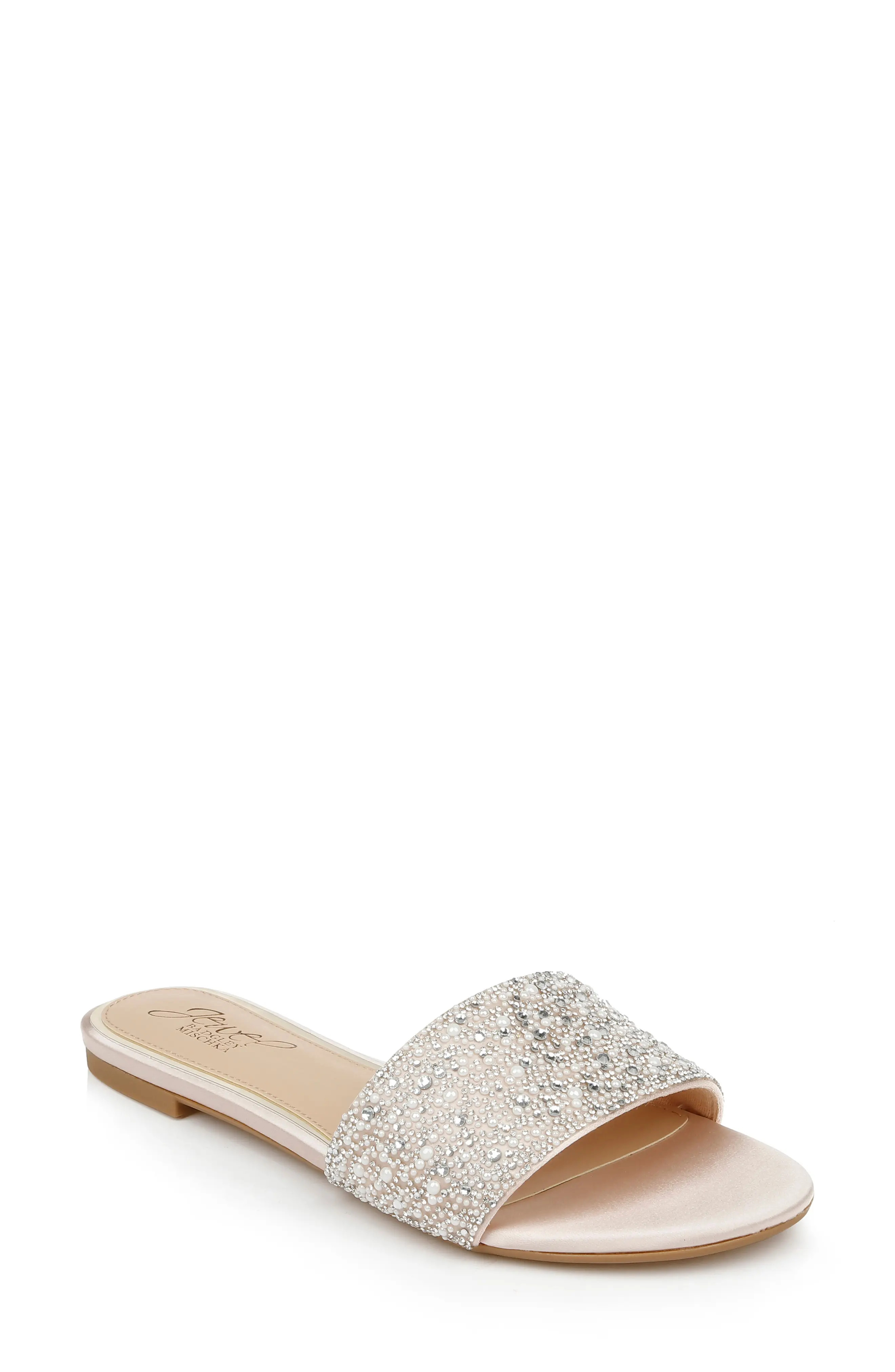 Jewel Badgley Mischka Delaney Slide Sandal in Champagne Satin at Nordstrom, Size 7 | Nordstrom