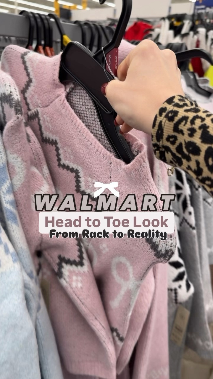 Walmart fashion head to toe look! Cutest bow sweater that comes with a matching beanie for just $16. 🎀 the perfect gift idea too! Comes in several prints/colors. These jeans are a favorite as well 🥳 sweater runs TTS, go down a size in the jeans, shoes run TTS. 

Walmart fashion. Walmart finds. LTK under 50. Bows. 