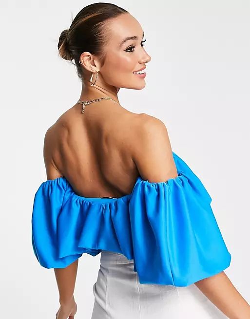 ASOS DESIGN scuba off shoulder top with exaggerated sleeve in cobalt | ASOS (Global)