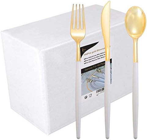 I00000 144 PCS Disposable Gold Silverware, Plastic Flatware with White Handle, Gold Plastic Cutle... | Amazon (US)