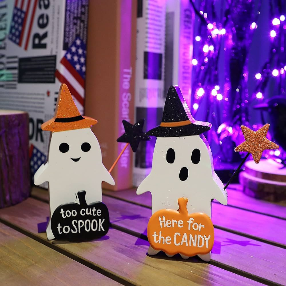 Adroiteet Halloween Tabletop Decorations Set of 2 Wooden Ghost with Magic Wand, Trick or Treat Ca... | Amazon (US)