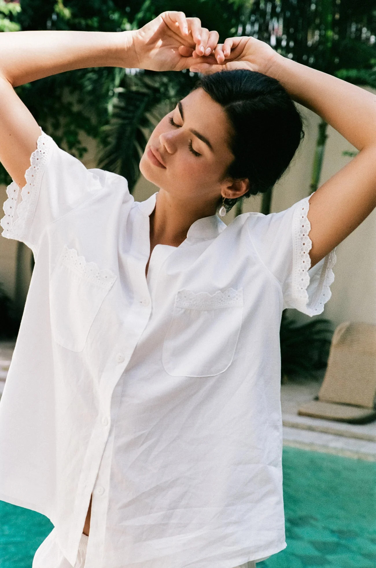 Maggie Pyjama Set - Long Pants - Off White Cotton Modal + Daisy Trim | Piyama US