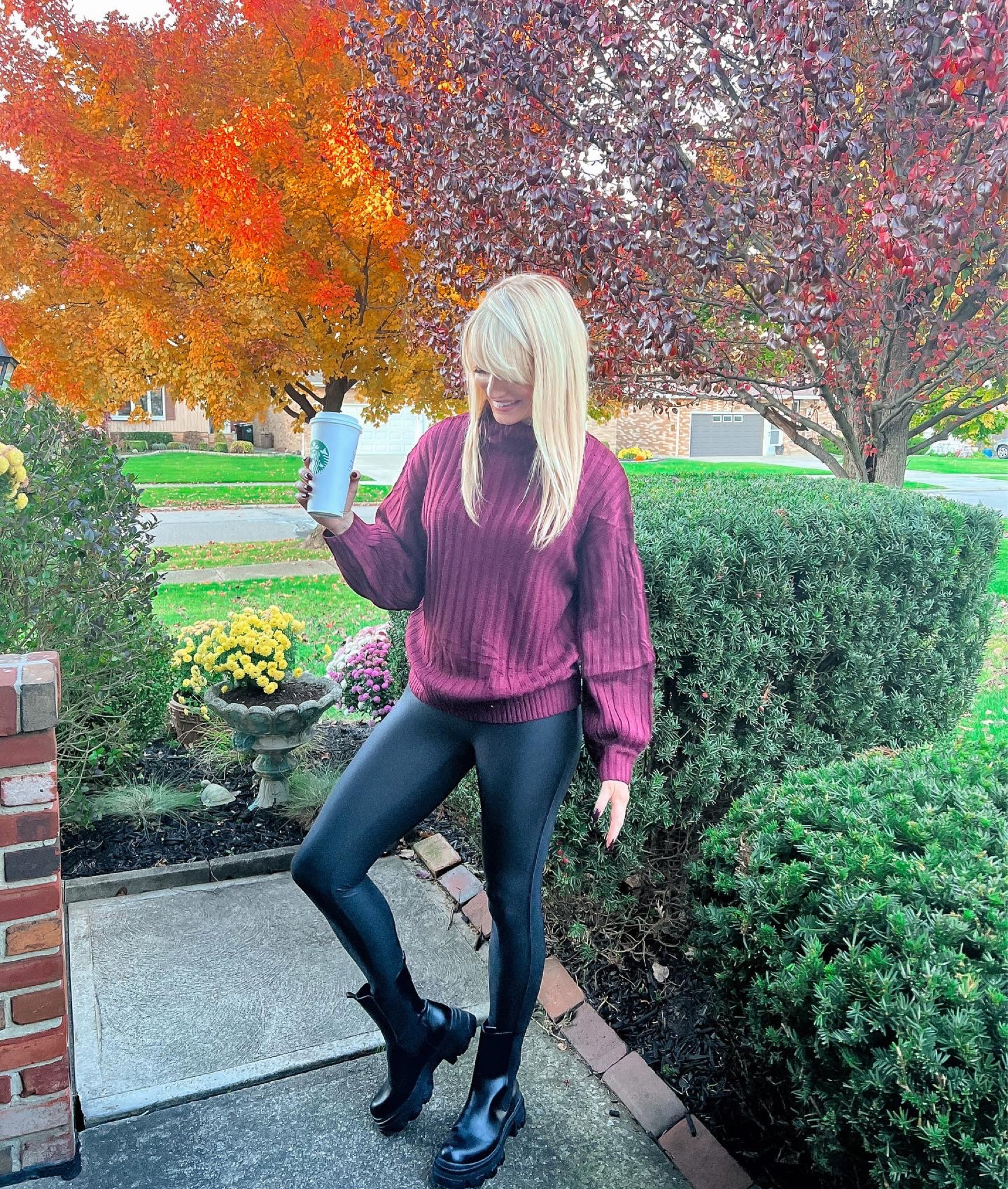 Chunky cranberry turtleneck sweater - faux leather leggings - Chelsea combat boots - Prada boots - fall fashion - Amazon Fashion - Amazon Finds 

#LTKshoecrush #LTKunder100 #LTKSeasonal