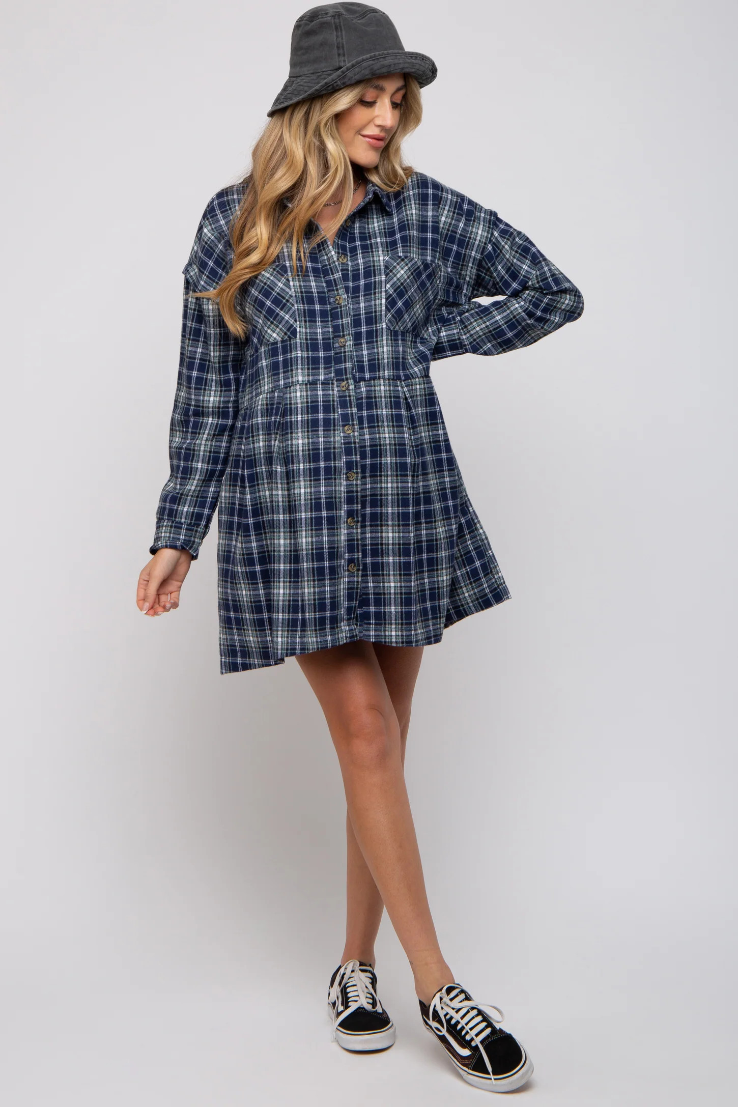 Navy Plaid Button Front Long Sleeve Maternity Dress | PinkBlush Maternity