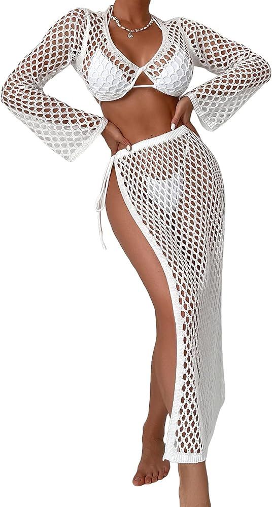 Verdusa Women's Hollow Out Crochet Crop Cover up Top and Tie Side Skirt Beach Bikini Cover Up Set... | Amazon (US)