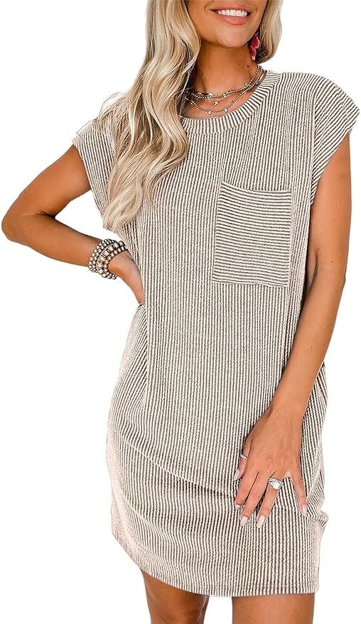 Acelitt Women's Casual Summer Crewneck Cap Sleeve Loose Vacation Beach Dress,S-XXL | Amazon (US)