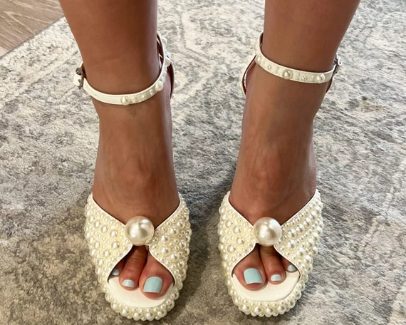 Pearl Bridal Block Heels Handmade Pearl Sandals Ivory White - Etsy | Etsy (US)