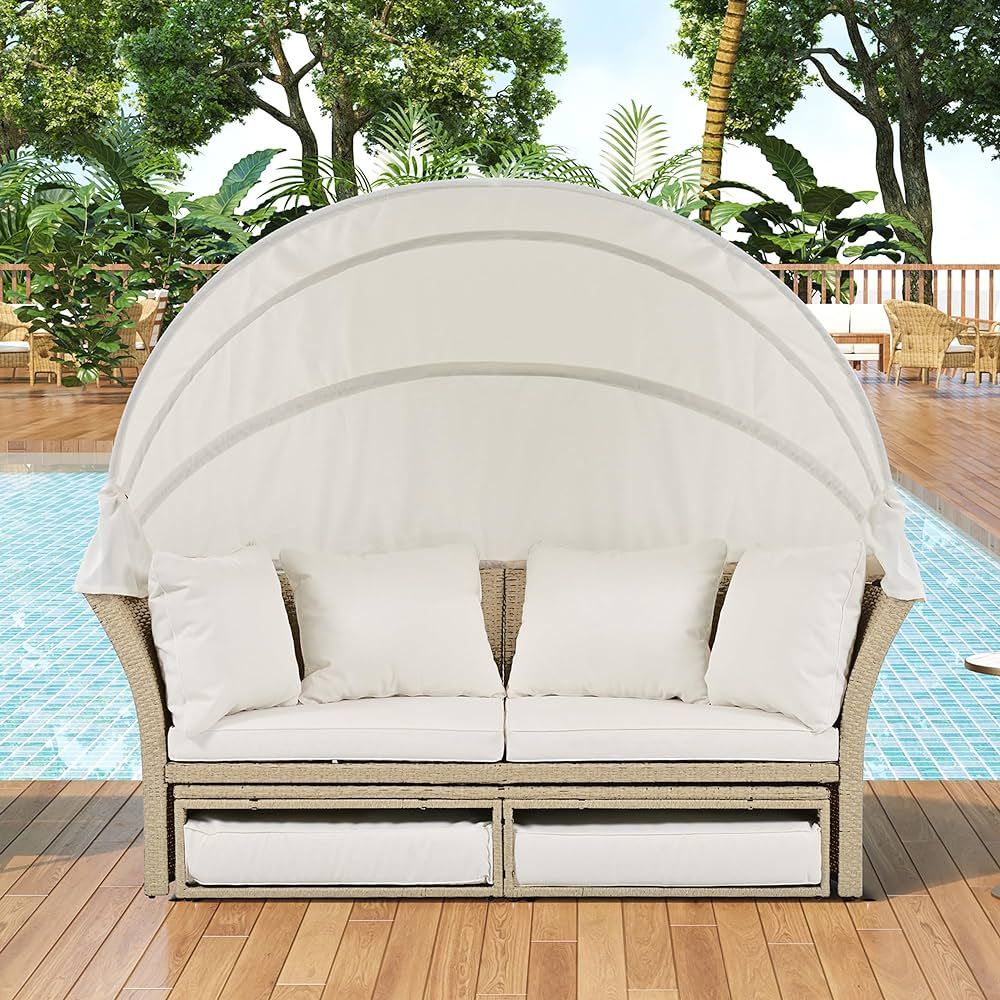 P PURLOVE Outdoor Canopy Bed Patio Daybed with 4 Pillows, Wicker Rattan Double Daybed Round Sofa ... | Amazon (US)