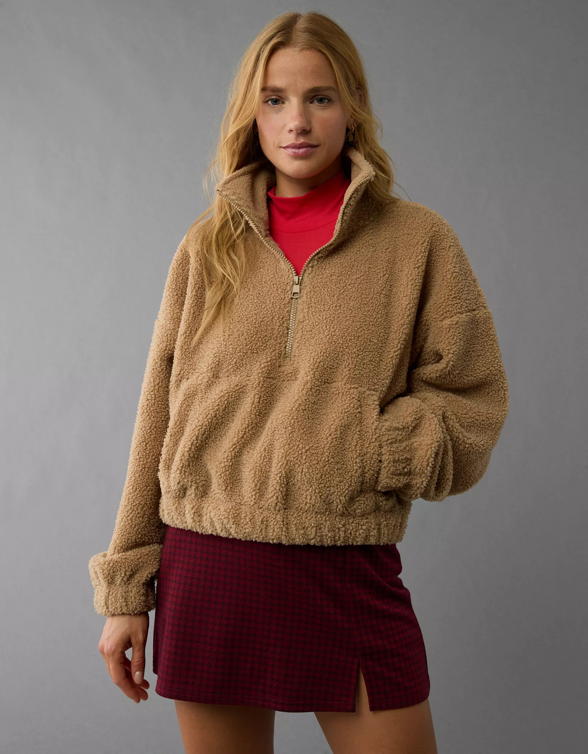 AE Cropped Sherpa Quarter-Zip Sweatshirt | American Eagle Outfitters (US & CA)