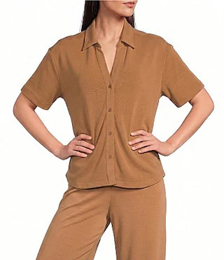 Spanx SPANX� Coordinating Faux Sandwashed Cutaway Collared Drop Shoulder Short Sleeve Knit Button Front Shirt -  S | Dillard's
