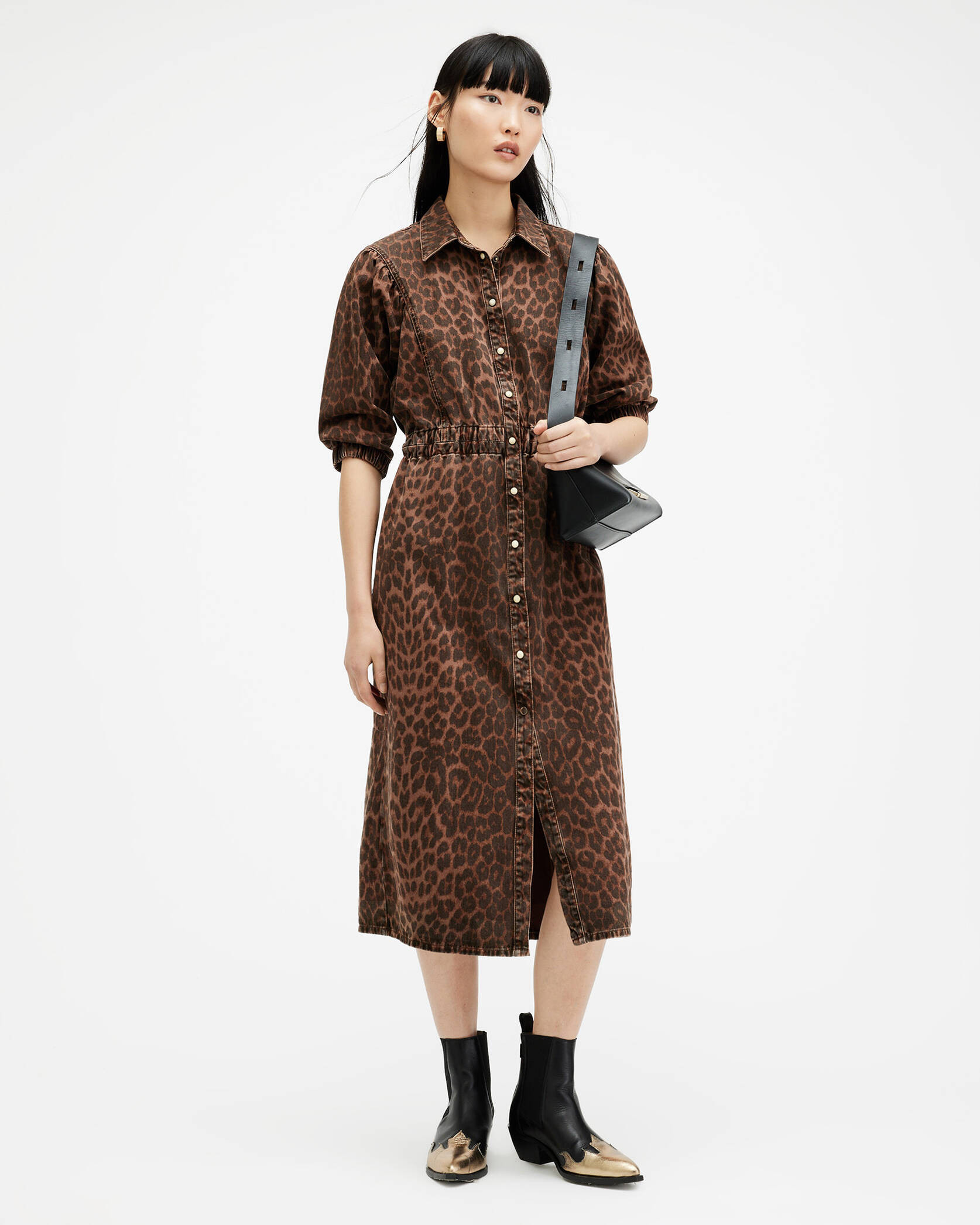 Osa Leopard Print Denim Dress ANIMAL BROWN | ALLSAINTS US | AllSaints US