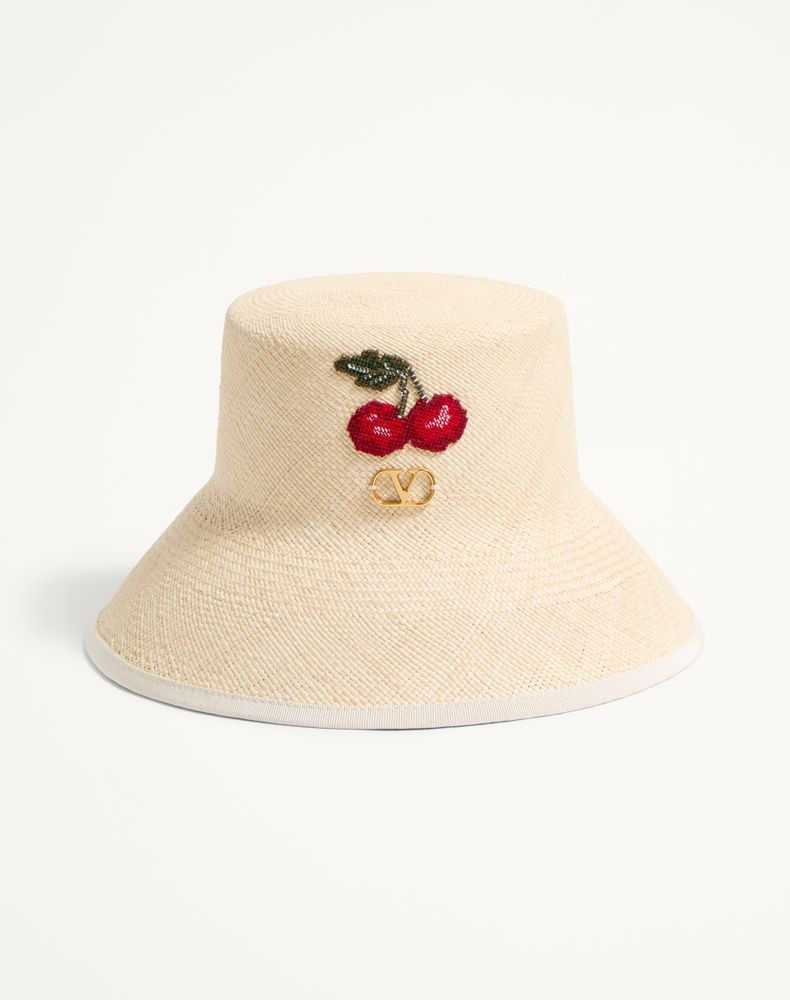 Valentino Garavani Vlogo Signature Straw Bucket Hat With Leather Trim And Cherryfic Embroidery Wo | Valentino