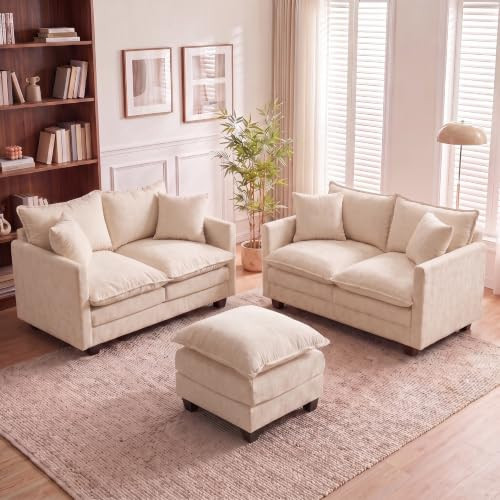 MUDANT 50'' Loveseat Sofa Set with Ottoman, Small Couch Set 2 Piece Cloud Love Seat 27" Deep Seat Washable Pillows Couches for Small Spaces Apartment Living Room, Beige | Amazon (US)