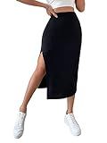 COZYEASE Women's Solid High Waisted Split Thigh Midi Skirt Ribbed Knit Bodycon Slit Skirts | Amazon (US)