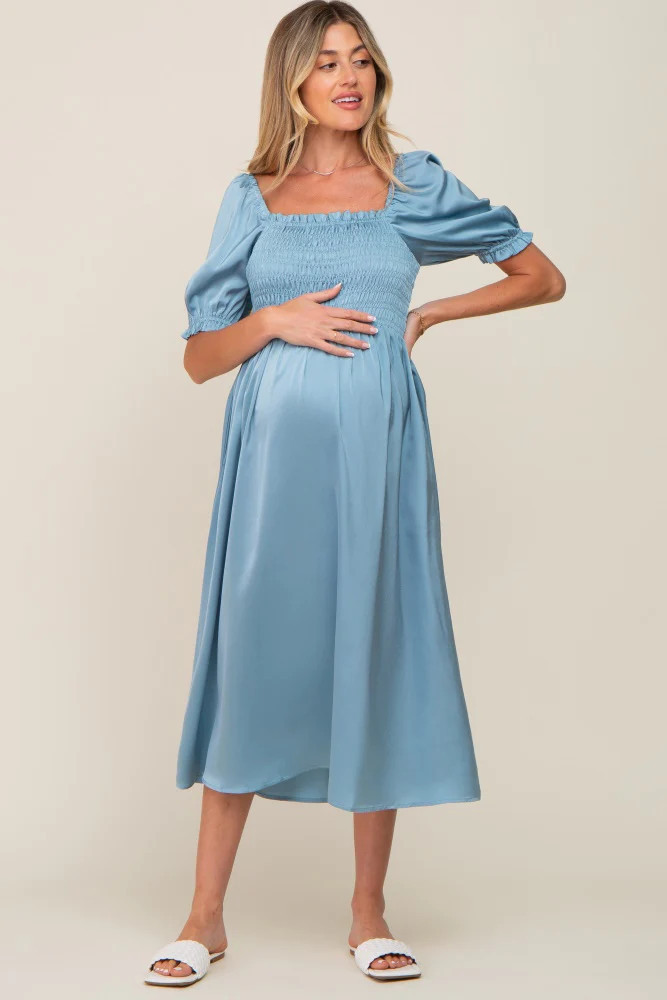 Blue Satin Puff Sleeve Maternity Midi Dress | PinkBlush Maternity