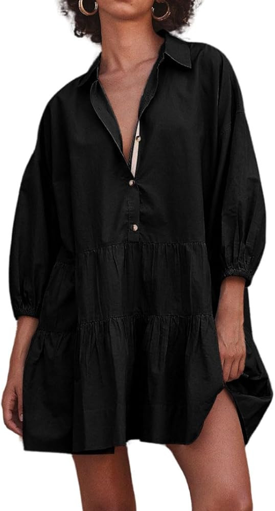 chouyatou Women's Summer Puff Sleeve Tiered Tunic Babydoll Dress Cute Mini Button Down Shirt Dres... | Amazon (US)