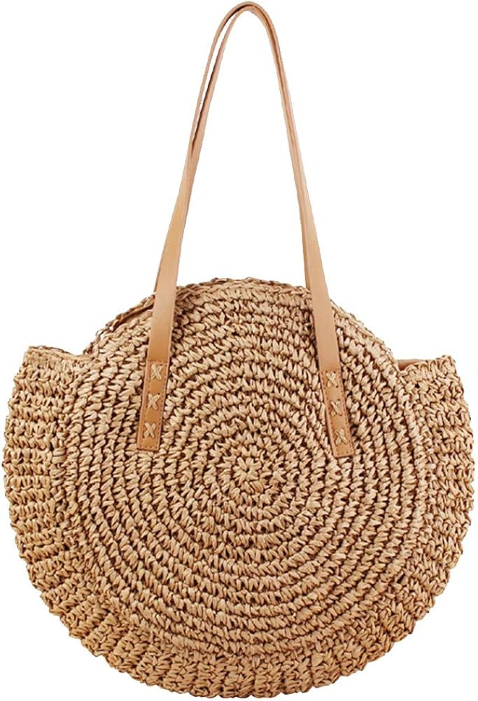 Round Straw Bag Large Woven Summer Beach Tote Handbags Handle Shoulder Bag for Women Vacation | Amazon (US)