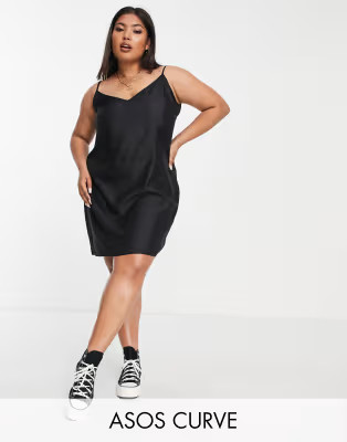 ASOS DESIGN Curve v neck mini slip dress in black | ASOS (Global)