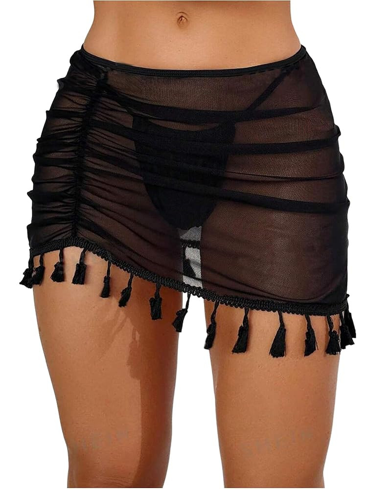 ZAFUL Women Beach Sheer Cover Ups Boho Mesh Bikini Ruched Tassel Skirt for Swimwear | Amazon (US)