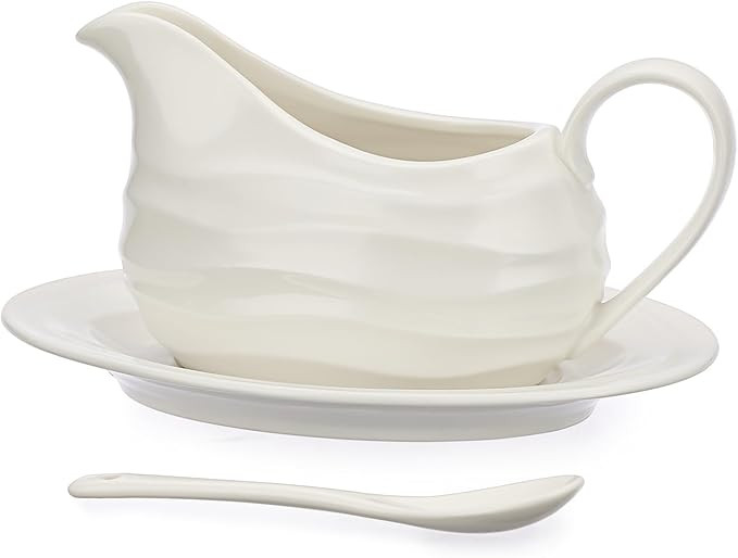 BSTKEY 13 Oz White Ceramic Gravy Boat with Tray and Spoon, Porcelain Saucer Pitcher with Sea Wave... | Amazon (US)