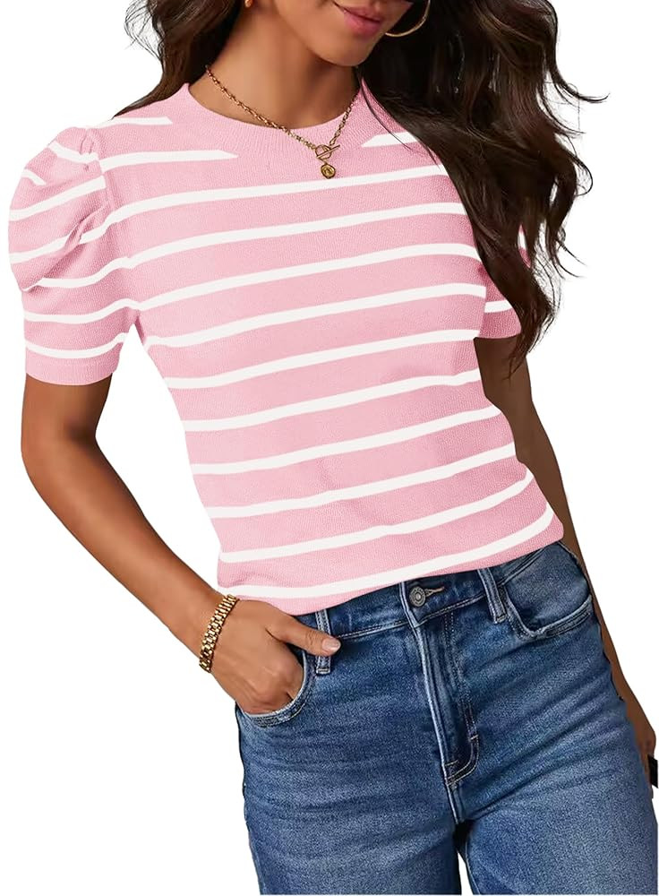 HAEOF Women's Striped Puff Short Sleeve Business Casual Tops Spring Summer Trendy Lightweight Swe... | Amazon (US)