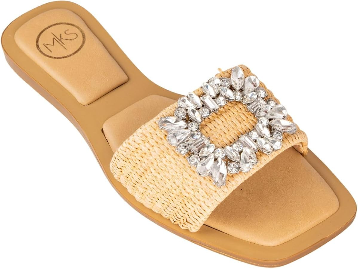 MAKERS SHOES GIA 3, Crystal Embellished Slide Sandals, Woven Band, White,Black and Natural | Amazon (US)