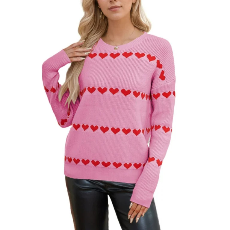 Women Sweaters Valentine's Day Pullover Sweaters for Women Crewneck Cute Heart Printed Striped Co... | Walmart (US)