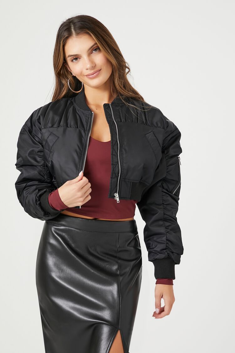 Ruched-Sleeve Cropped Bomber Jacket | Forever 21 (US)