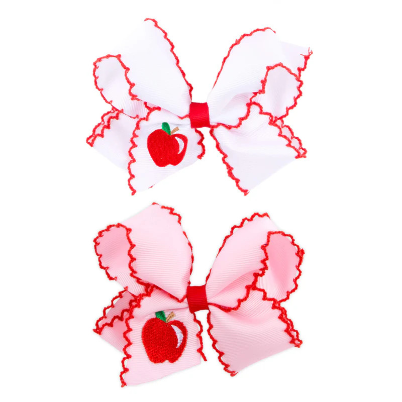 Pink And White Apple Embroidered Moonstitch Hair Bow | Classic Whimsy