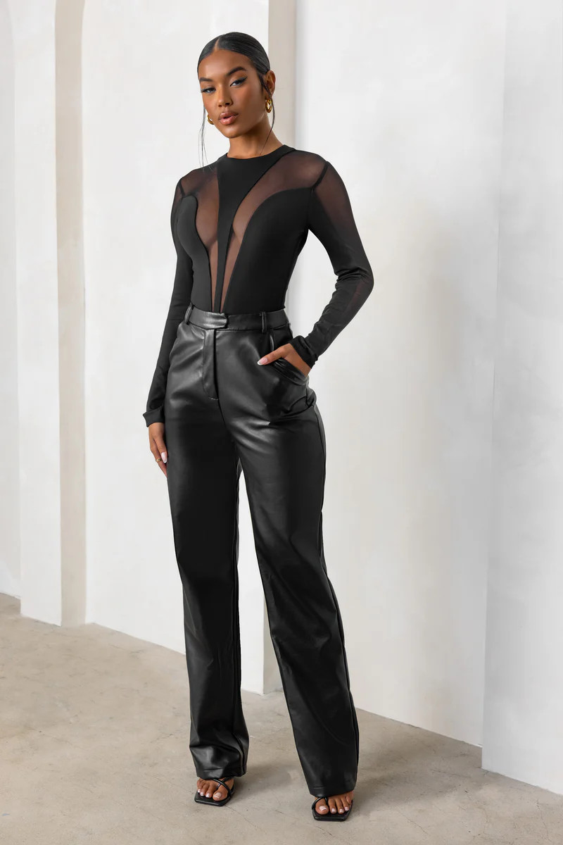 LA Nights | Black Faux Leather High Waist Wide Leg Trousers | Club L London