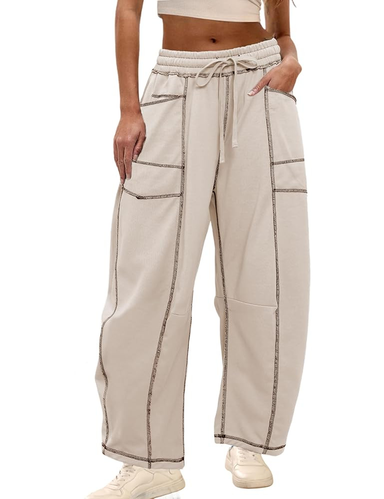 Athlisan Womens Baggy Barrel Pants Wide Leg Lounge Drawstring Sweatpants with Pockets | Amazon (US)
