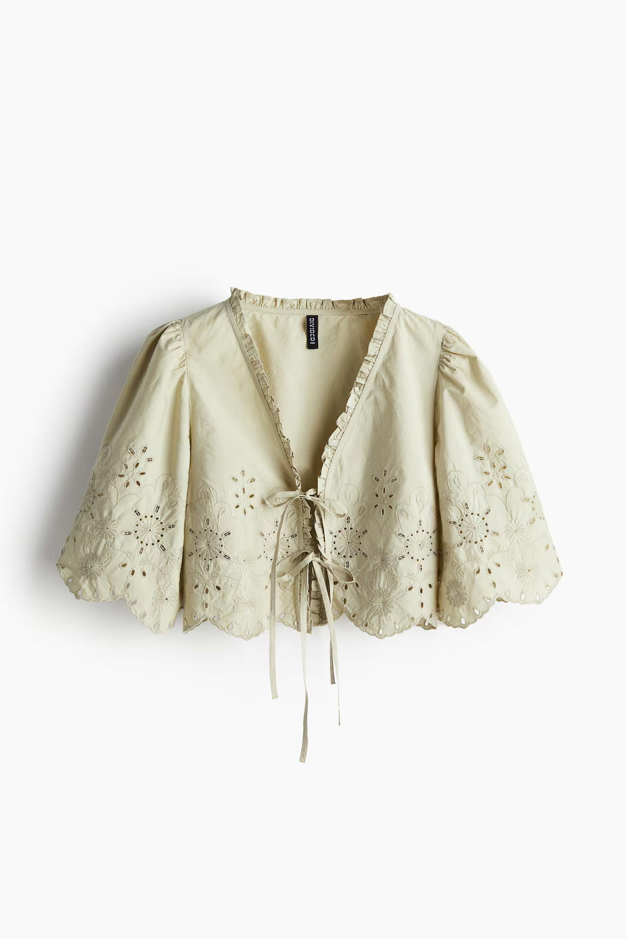 Cropped broderie anglaise blouse - V-Ausschnitt - Kurzarm - Helles Khakigrün - Ladies | H&M AT | H&M (DE, AT, CH, NL, FI)