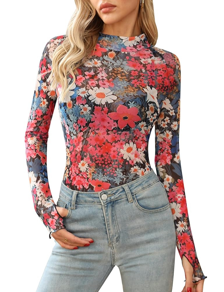 Ugerlov Womens Lace Long Sleeve Mesh Top Floral Mock Neck See Through Going Out Top with Thumb Ho... | Amazon (US)