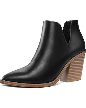 mysoft Women's Ankle Boots Slip on Cutout Pointed Toe Chunky Stacked Mid Heel Booties | Amazon (US)