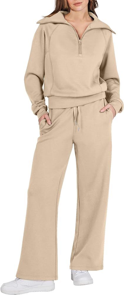 LOGENE Womens 2 Piece Sweatsuits Lounge Joggers Sets Half Zip Sweatshirts with Wide Leg Sweatpant... | Amazon (US)
