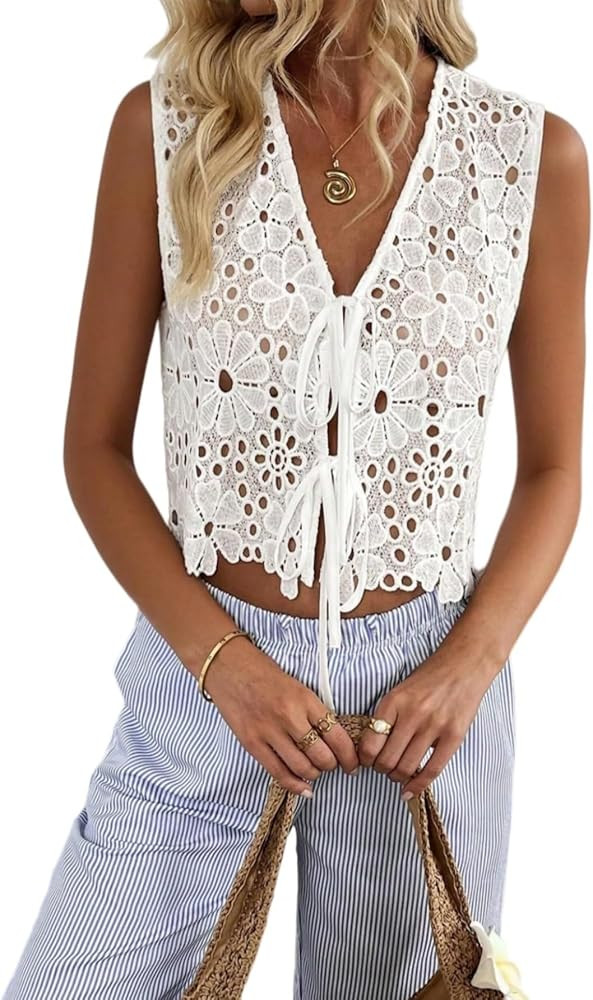 SHENHE Women's Tie Front Vest Lace Eyelet Embroidered Boho Crop Tank Summer Vacation Beach Top | Amazon (US)