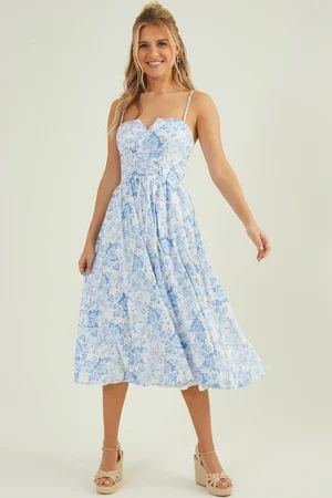 Jodee Floral Midi Dress in White & Blue | Altar'd State | Altar'd State