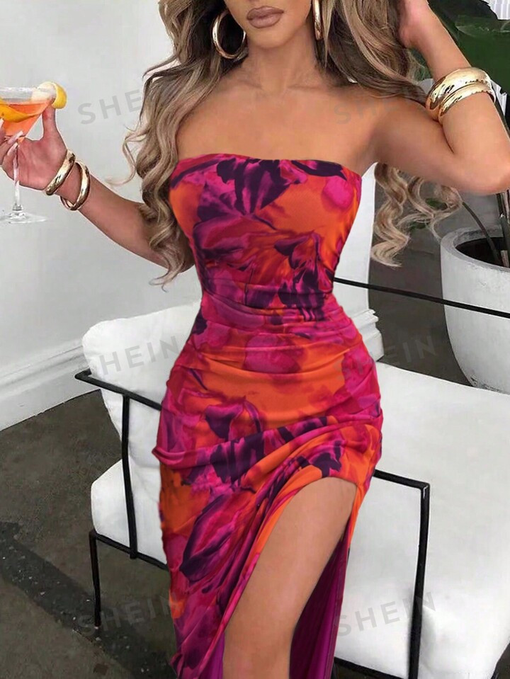 SHEIN SHEIN Allurite Ladies' Tie-Dye Printed Summer Strapless Dress | SHEIN