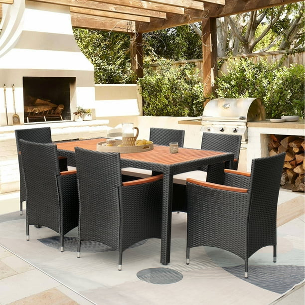 Lacoo 7 Pieces Outdoor Patio Dining Set with PE Rattan Wicker Dining Table and Chairs Acacia Wood... | Walmart (US)