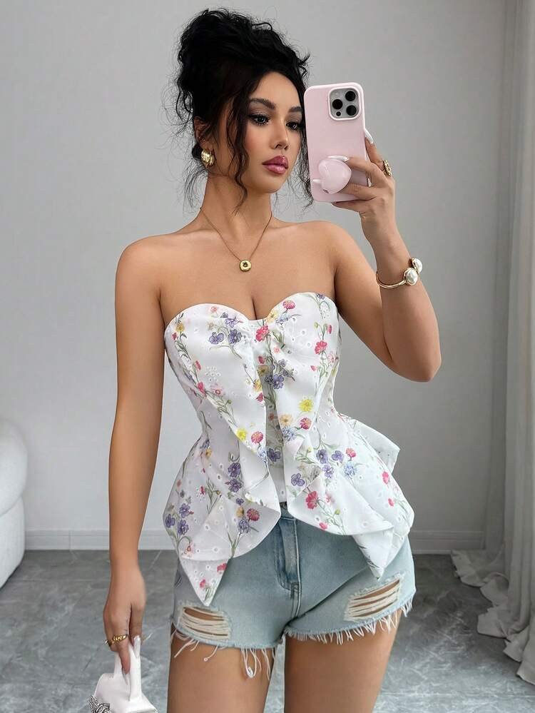 SHEIN Elenzya Women's Spring Summer Sweet & Spicy Style White Floral Print Bandeau Neck Bow Detai... | SHEIN
