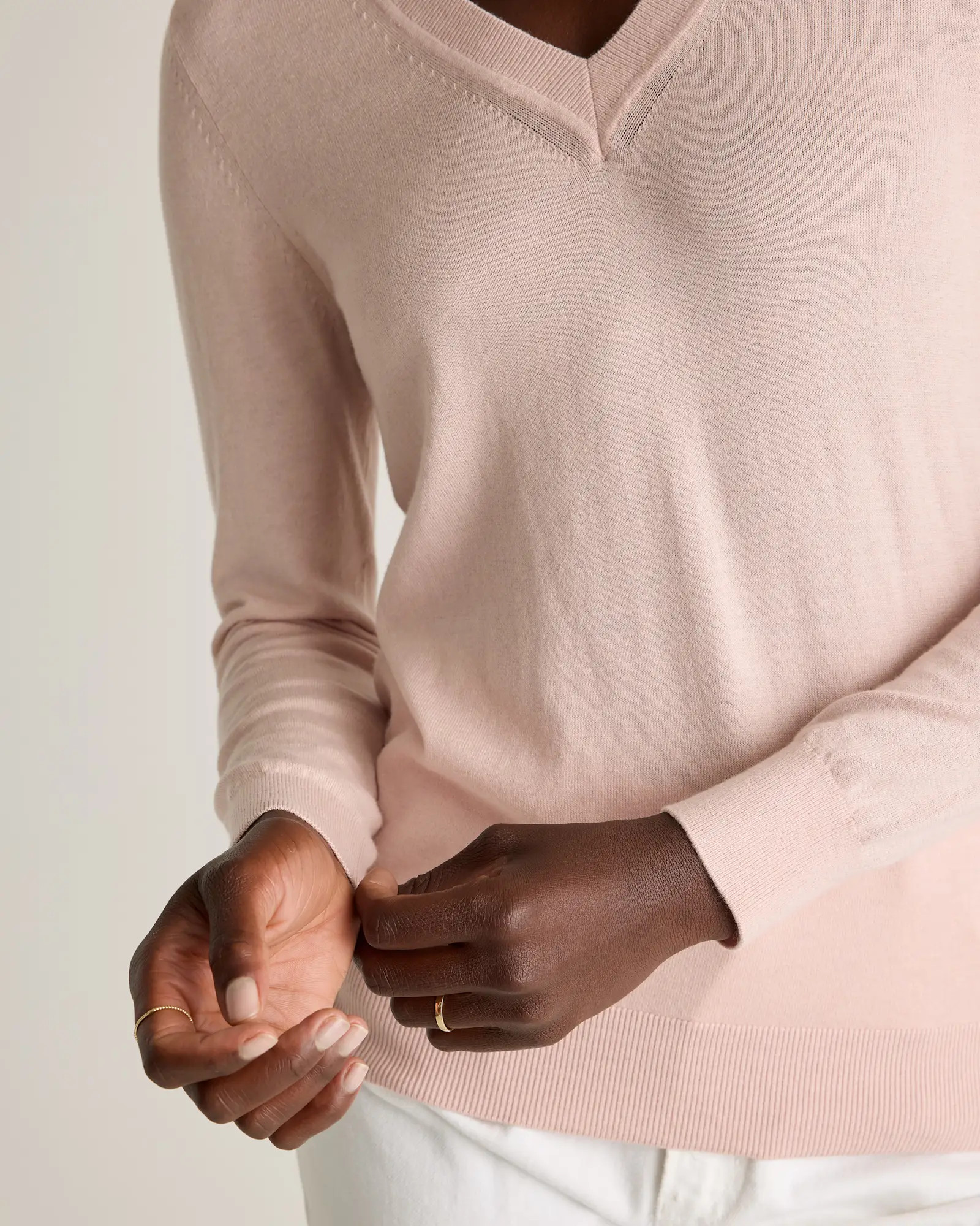 Lightweight Cotton Cashmere V-Neck Sweater in Sugar Stone | Quince