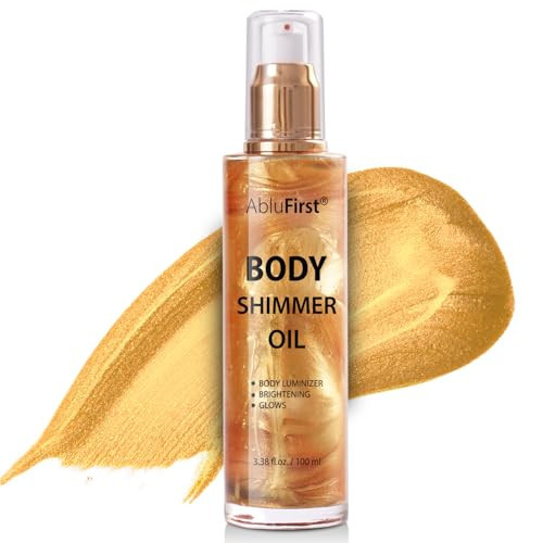 AbluFirst Shimmer Body Oil Summer Body Glitter Moisturizing Light Shimmer Glow Non-Sticky Summer Body Luminizer and Illuminator Smooth (2.8 Fl Oz (Pack of 1), Gold) | Amazon (US)