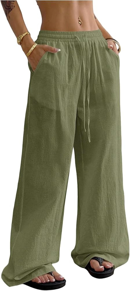SweatyRocks Women's Loose Straight Leg Y2K Pants Drawstring Low Waist Long Trousers with Pockets | Amazon (US)