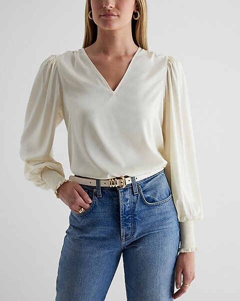 Satin V-Neck Long Sleeve Smocked Cuff Top | Express