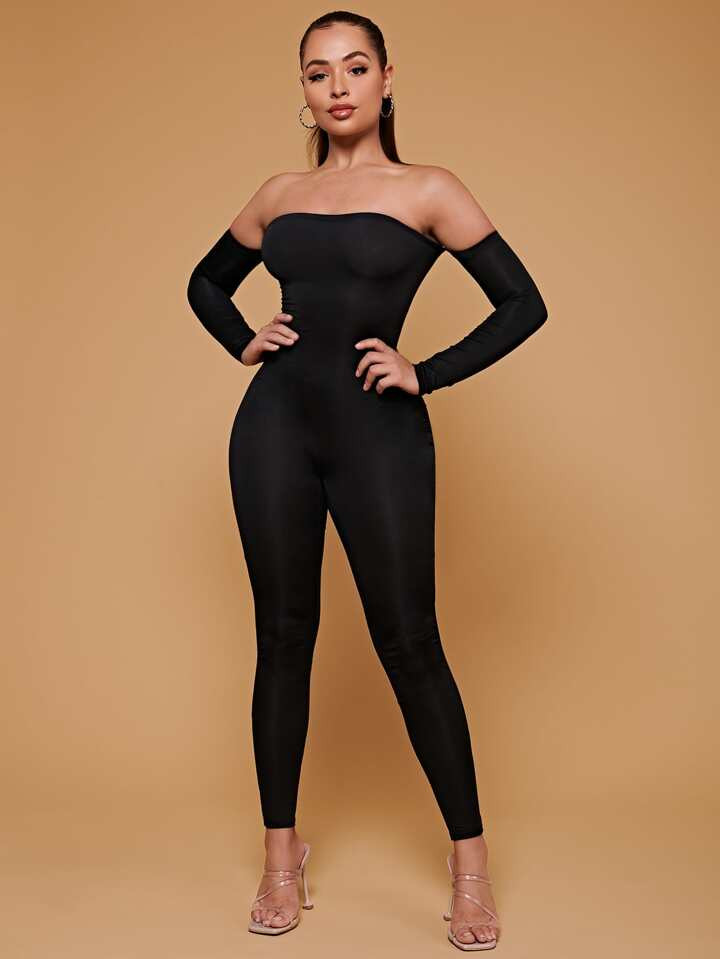 SHEIN PETITE Off Shoulder Unitard Jumpsuit | SHEIN
